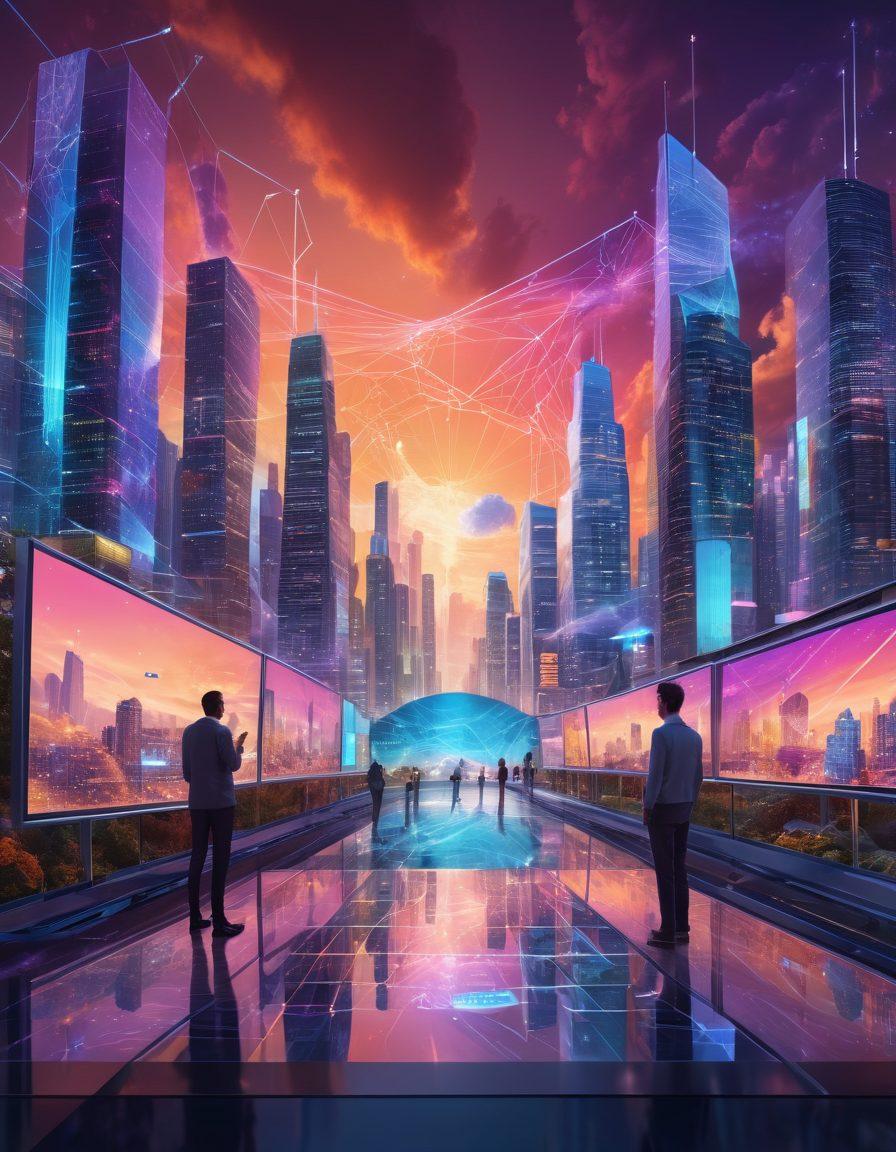 A whimsical landscape featuring a bustling digital cityscape with interconnected web elements like charts, graphs, and vibrant screens displaying insights. In the foreground, a group of diverse characters joyfully interacting with holographic interfaces, transforming ordinary data into exciting experiences. The background should showcase a sunrise that symbolizes transformation, with sparkling lights and ethereal clouds. The color palette should be vibrant, reflecting energy and creativity. super-realistic. vibrant colors. 3D.