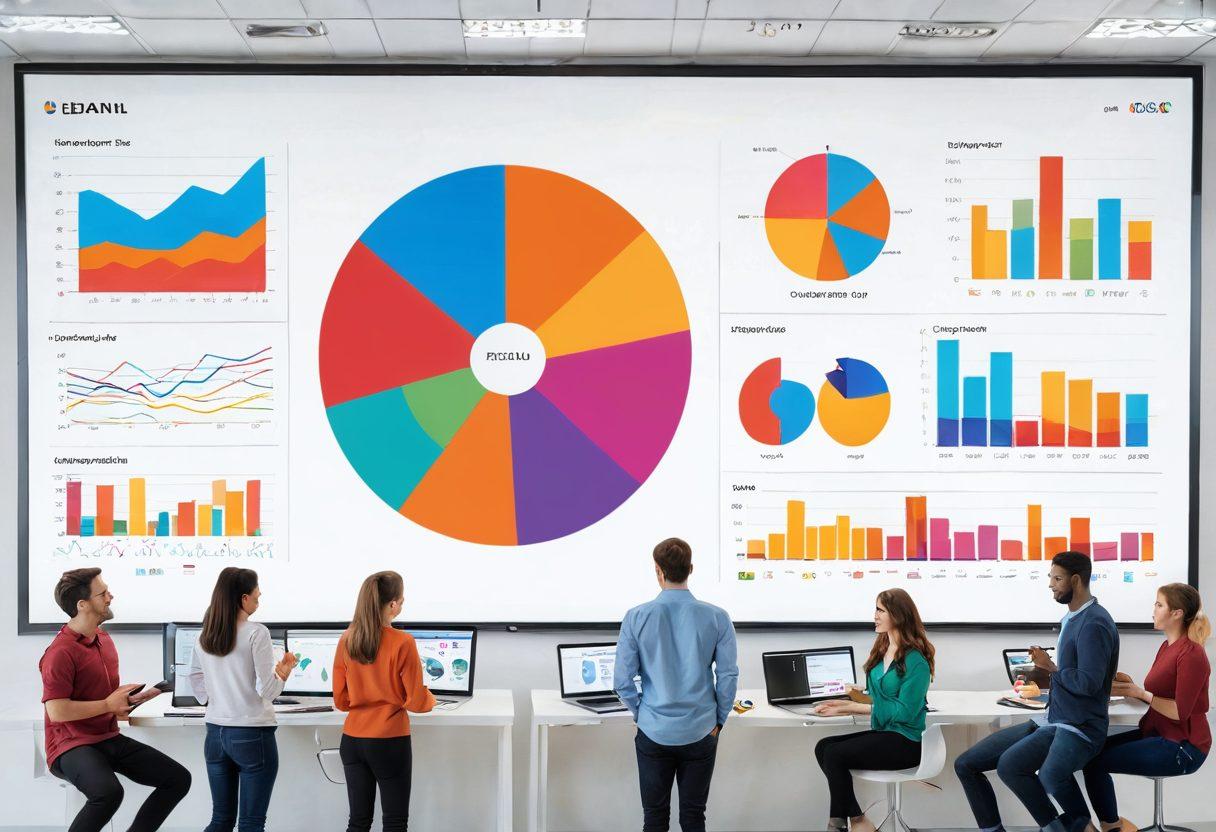 A vibrant, engaging scene depicting a group of diverse people joyfully interacting with colorful data visualizations on digital screens. Include elements like pie charts, graphs, and metrics floating around them, showing the transformation of data into knowledge. Bright, inviting colors create an optimistic atmosphere, with a hint of whimsical characters exploring these visual analytics. super-realistic. vibrant colors. white background.