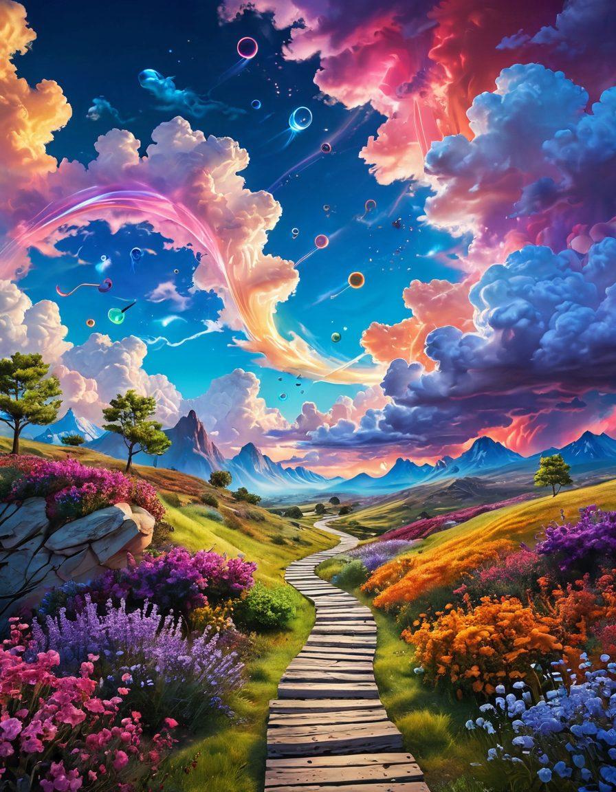A digital landscape filled with vibrant colors, featuring a winding path leading to a glowing portal symbolizing transformation. Along the path, diverse people engage with technology, sharing joyful experiences with gadgets and information. The sky is bright and filled with whimsical clouds resembling thought bubbles, suggesting insights and creativity. The scene embodies a sense of exploration and happiness. super-realistic. vibrant colors. 3D.
